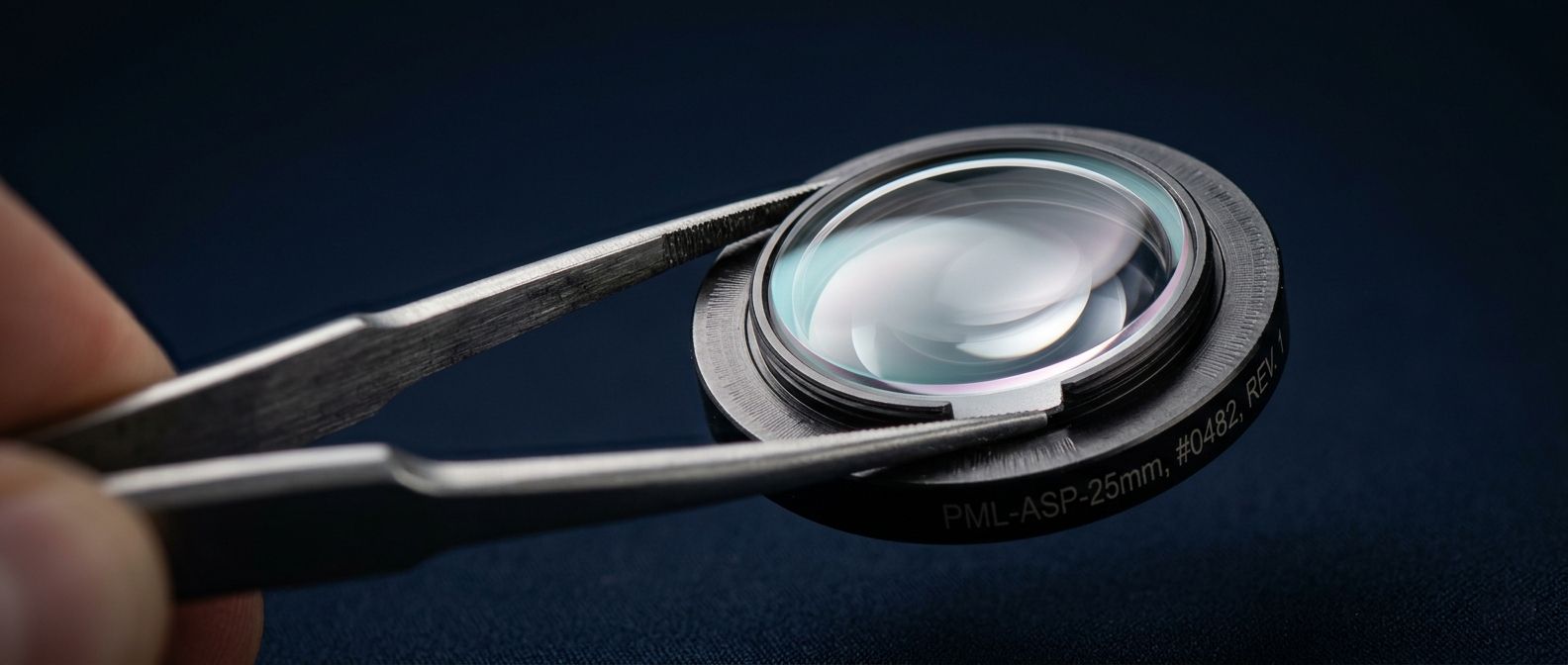 Macro view of a coated polymer lens element under directional light, showing concentric ring artifacts that diagnose surface form and AR-stack uniformity.
